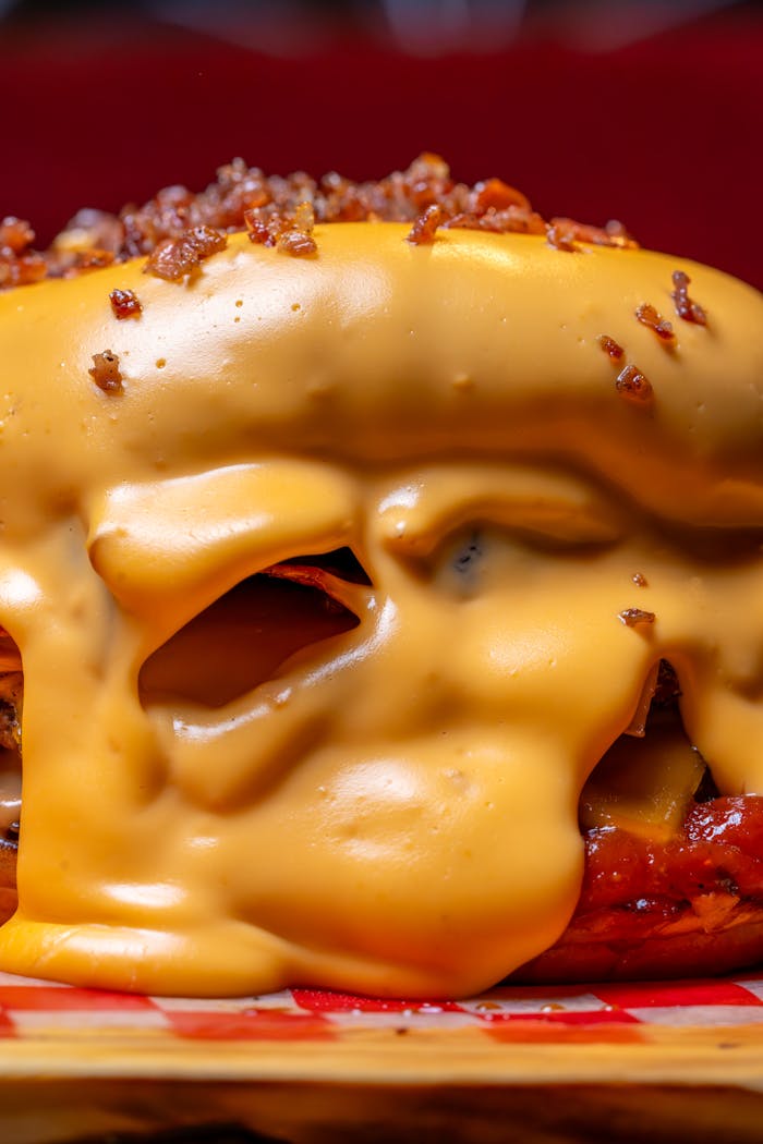 Mouthwatering cheeseburger covered in melted cheese, perfect for fast food promotions.